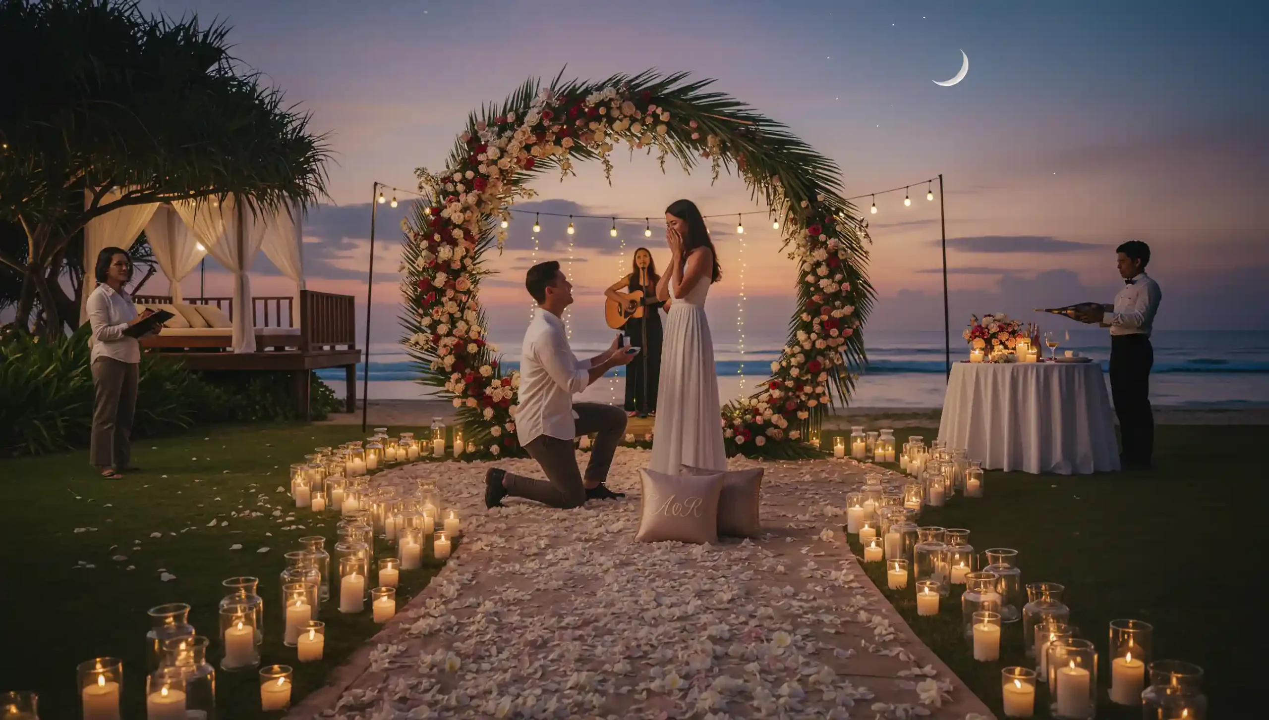 Floral arch set up on a Bali beach for a custom proposal